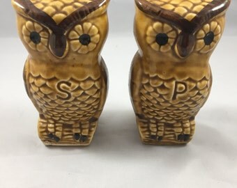 Vintage Two Tone Brown Ceramic Owl Salt and Pepper Shakers
