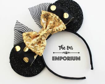 GOLD Minnie Mouse Ears Headband ~ Black and Gold Polka Dot