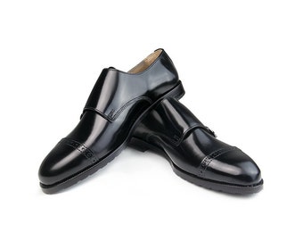 Women Handmade Double Monk Strap in Black Polished Leather