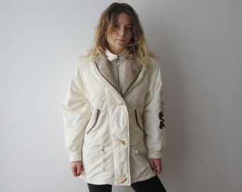 Vintage Women's Parka Coat Rene Derhy Winter Jacket Medium Size Ivory White Jacket Long Winter Jacket Soft Winter Coat