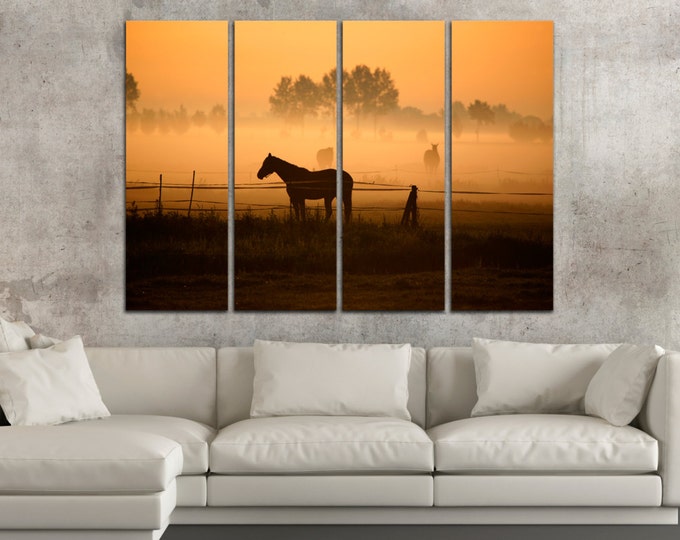 Large horse wall art print, fog landscape wall art, equine art, foggy landscape canvas print, horse wall art canvas set, 3 panel wall art