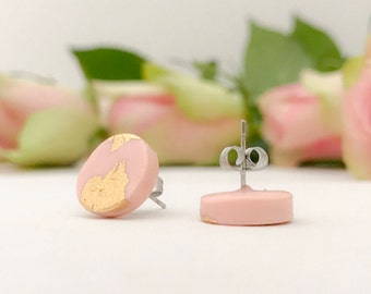 Blush pink and gold circle stud earrings, polymer clay studs