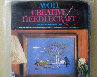 Lakescape Crewel Embroidery Kit by Avon Creative Needlecraft, From 1972: Vintage, but New in Package! DIY Craft, Nature Scene, Trees, Lake