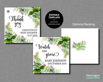 Succulents EDITABLE Baby Shower Favor Tags TEMPLATE, Watch Me Grow & Thank You Baby Shower Favor Tags, PRINTABLE Square Baby Shower Tags