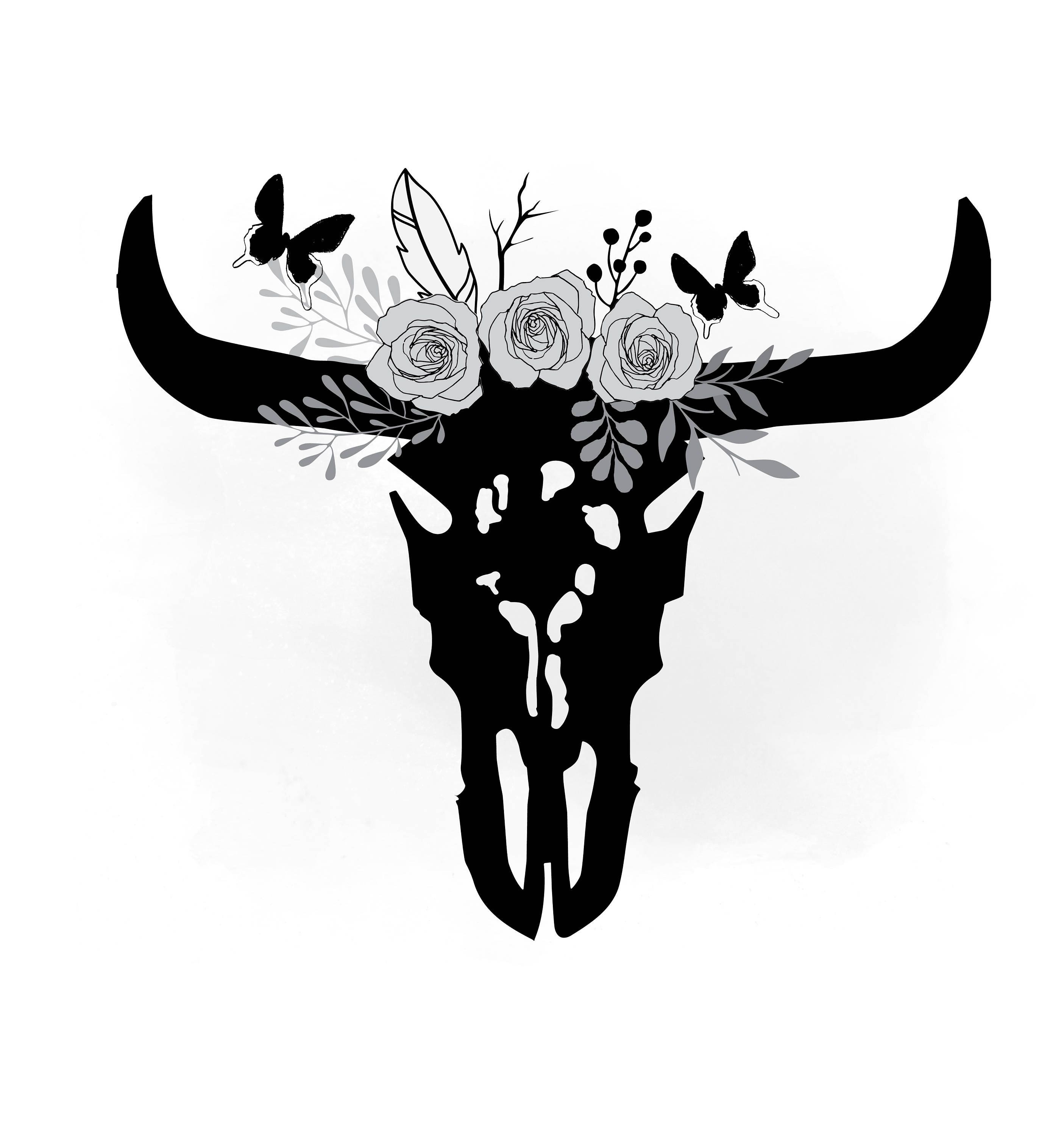Download Monochrom cow skull svg clipart Boho floral cow Skull