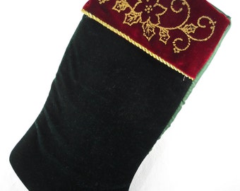 Red Velvet Christmas Stocking with Gold Colored Decorations