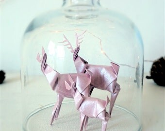 ORIGAMI Deer in Bell Jar. Glass Cloche. Woodland Gift. Baby Gift. Nursery Decor. Christmas Ornament. Family Gift. Paper Anniversary Gift.
