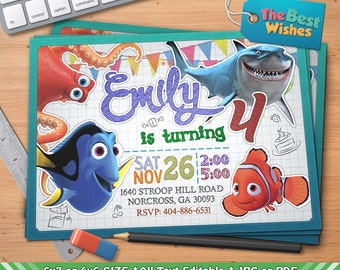 Finding Dory Invitation, Finding Nemo Invitation, Birthday Party, Personalized, Printable, Ballpoint Pen Drawing On Grid Paper, Digital File
