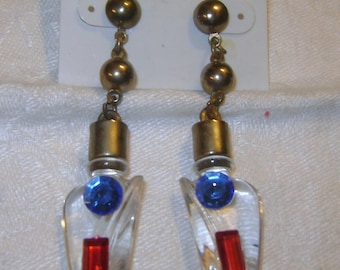 New Old Stock vintage Figurative LUCITE Perfume Bottle Dangle Earrings with Jewels - original card