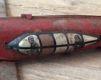 Large Vintage 1940s Tin Toy Bomber Plane / Litho Graphics of Pilot and Gunner