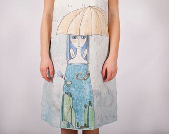 Woman's summer dress - Linen dress - Japanese minimalism - Holiday dress - Loose dress - Hand painted - Rainy day - Woman's clothing