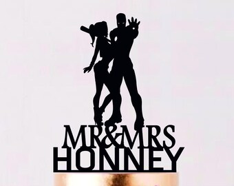 Iron Man and Harley Quinn Cake Topper, Superhero Wedding Cake Topper, Superhero Silhouette, Cake Topper, Cake Topper With Last Name