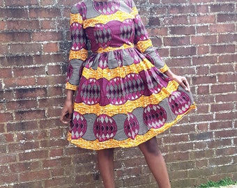 African Print Dress Ankara Midi Dress Ankara Short Dress Printed Dress Gathered Dress Ankara Gathered knee length Dress Wax Fabric Dress