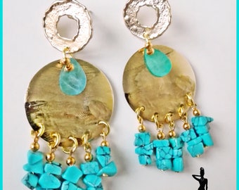 Wrought-metal gold and turquoise earrings