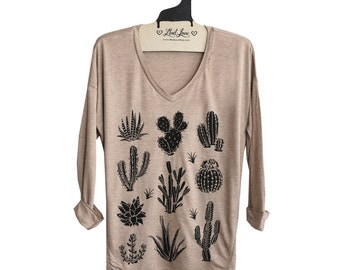 Womens M or L- Tan SOFT V-Neck Long Sleeve Top with Cactus Screen print