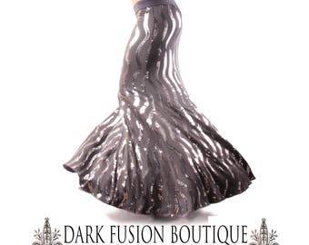 Skirt, YOUR SIZE, Mermaid, Gray with Silver SEQUINS, Stretchy, Tribal, Wavy Stripes, Bellydance, Cabaret, Goth, Dark Fusion Boutique
