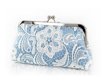 Baby Blue Something Blue Floral Lace Clutch 8-inch L'HERITAGE | Personalized Gift, Bridesmaid Gift, Photo Clutch