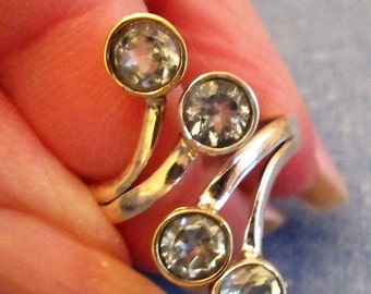 RING - BLUE TOPAZ - Quad - Two Tone -925 - Sterling Silver - Size 9 or Larger - Expandable blue 405