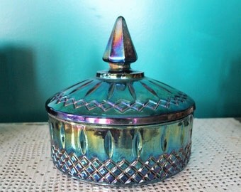 Vintage Indiana Blue Carnival Glass "Princess Candy Box," Covered Candy Dish