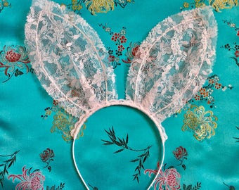 White lace bunny ears headband.