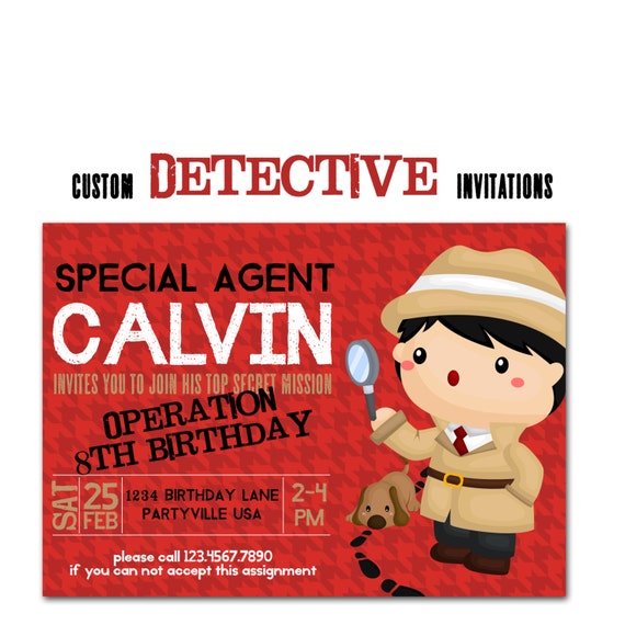 Detective Birthday Invitation, Spy Party, Custom Party Invitation