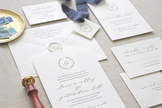 Letterpress Wedding Invitation - Serenbe Design- Monogram,Calligraphy,Traditional, Elegant, Simple, Classic, Script, Custom, Formal