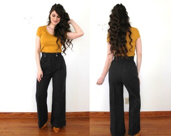 1970s Wool Wide Leg Trousers / 70s New Old Stock Charcoal Gray Wool High Waisted Pants