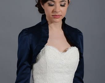 Navy Blue 3/4 sleeve satin bolero wedding bolero jacket shrug