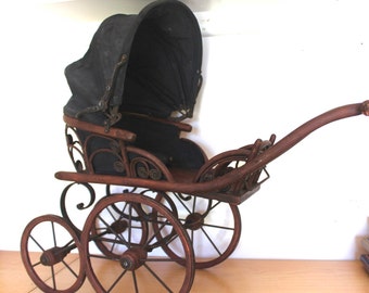 Antique Doll Stroller - Victorian Rattan Baby Carriage - Adjustable Foot Rest and Hood