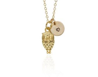 Bridesmaid Jewelry Owl Necklaces Personalized with Initial, Gold Wedding Jewelry, Multiple Discounts Available