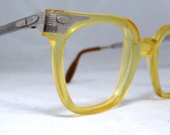 Vintage EyeGlasses Mens Horn Rim Safety Frames. Yellow Horn Rim with Aluminum Temples