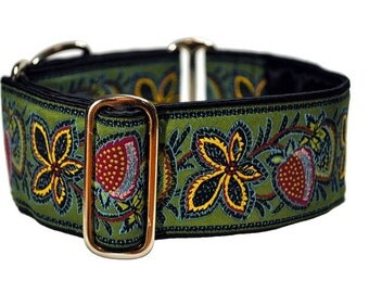 Martingale Collar or Buckle Dog Collar - Berry Vines Jacquard in Green - 2 Inch, Greyhound Collar, Great Dane Collar, Custom Dog Collar