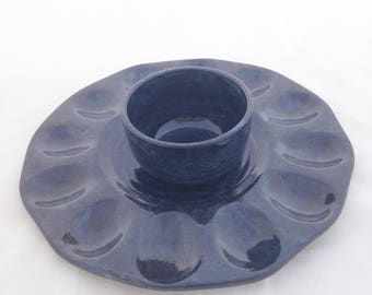 SALE - Deviled Egg Plate with Optional Condiment Bowl - Ceramic Egg Platter - Dark Blue Stone and Brown
