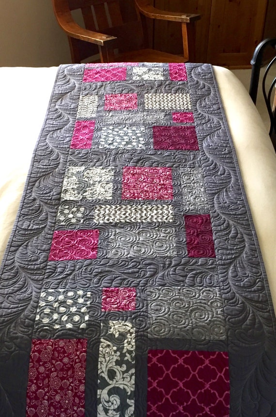 Plum and Gray Quilted Bed Runner Heavily Quilted Queen Bed