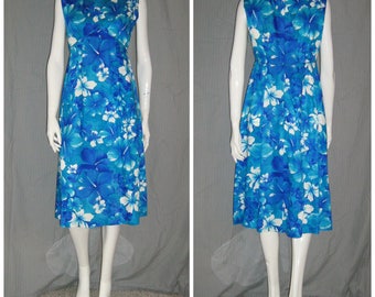 1960s Blue Hawaiian Barkcloth Tiki Dress Vintage Hibiscus Sundress Hostess Gown Flowers Hippie Polynesian Empire Waist Boho Maxi Tiki Oasis
