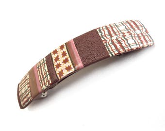 Hair Barrette, natural chocolate hair clip, unique polymer clay hair barrette, brown handmade earthy tones mosaic French clip, artisan made