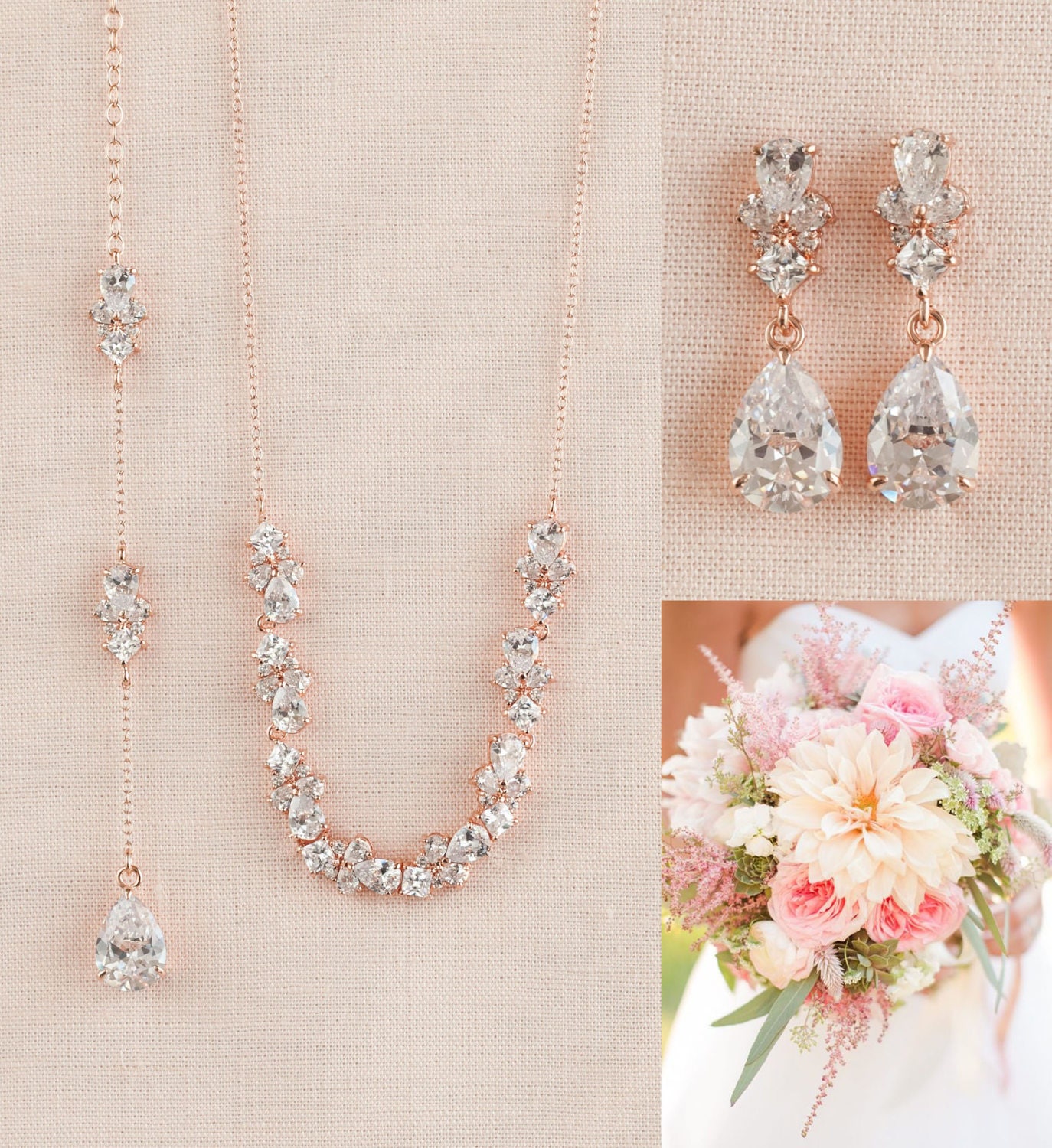 Rose Gold Back Drop Bridal Necklace Backdrop Necklace, Crystal Leaf Necklace, Bridal Jewelry SET, Simple Kendall Jewelry