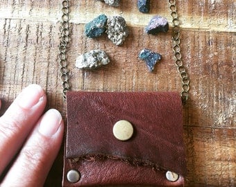 Healing Crystal Holder - Recycled Leather Jewelry - Talisman Pouch Necklace - Soft Dark Brown Leather - Amulet Bag Necklace - Medicine Bag