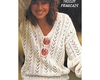 PDF Telecharger French Language Knitting Pattern Modele Patron Tricot Francais Cotton Ajoure Pull Femme 1 Size Taille 32 to 36 inch Bust