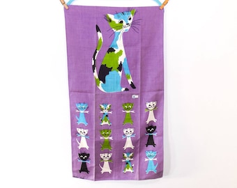 Midcentury Vintage Tammis Keefe Feline Genetics Purple Linen Tea Towel - Deadstock