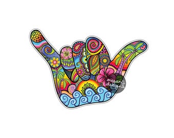 Shaka Sign Hang Loose Hand Sticker Hawaii Decal Colorful Car Decal Laptop Decal Wall Art Hawaiian Surfs Up Aloha Spirit Hang Ten Palm Tree
