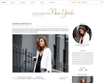 Blogger Template, Premade Blog Design "Welcome to New York" Instant Digital Download - Gold, minimalist