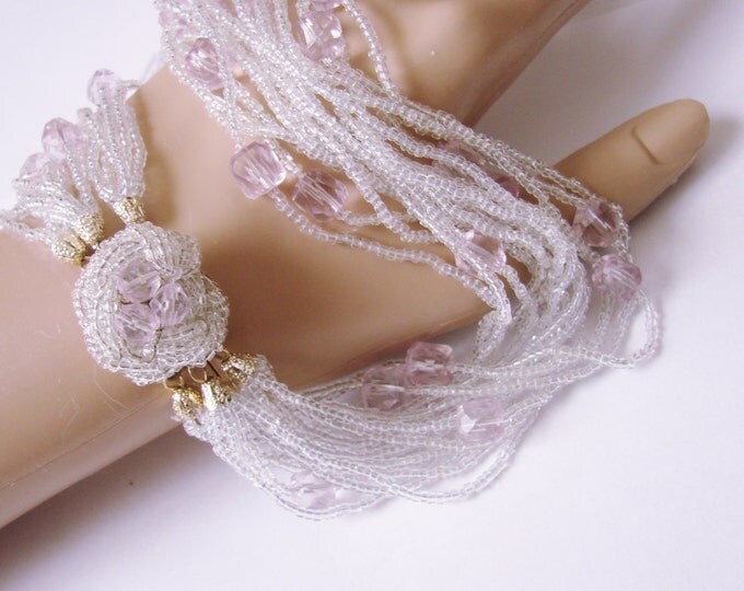 1960s Amethyst Multi Strand Glass Seed Bead Necklace / Cluster Bead Clasp / Vintage Jewelry / Jewellery