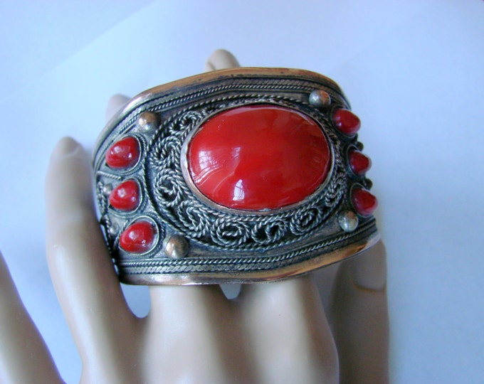 Wide Vintage Tribal Kuchi Boho Ornate Wire Cuff Bracelet Red Cabochon Stones Mid Eastern Jewelry Jewellery