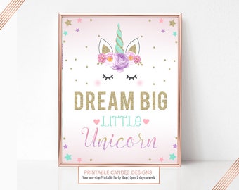 Unicorn Party Sign, Dream Big Unicorn, Birthday Sign, Unicorn Table Sign, Printable Party Sign, Instant Download
