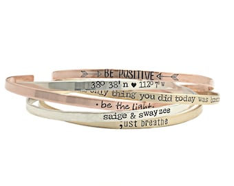 Personalized Cuff Bracelet - Mantra Band - Inspirational Jewelry - Skinny Cuffs - Hand Stamped Stacking Bangle - Be Positive Quote - 1183
