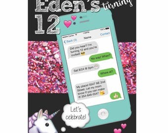 Text Message iPhone Unicorn Emoji Birthday Invitation