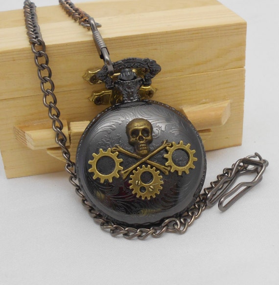 Crossbones Black Pocket Watch Wood Gift Box by mythicaljewelry