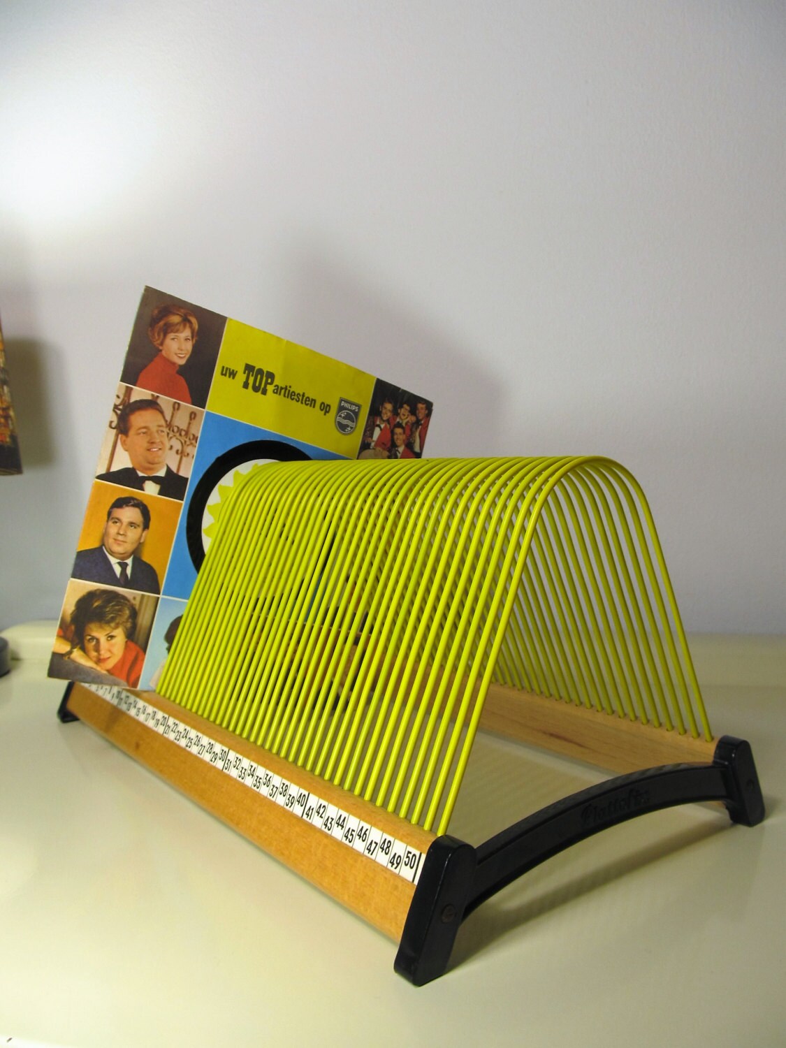 Vintage Rack Record Holder Stand for 50 Vinyls in yellow color
