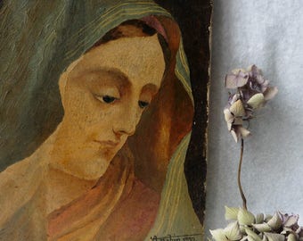 Old Painting Religious Oil on Canvas Virgin Signed 1930, Art Deco, Painting, Art, Catholic, Shabby, Madonna, Portrait, France